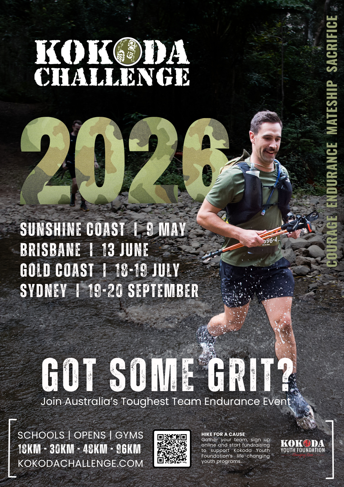 Runner crossing a creek during the Kokoda Challenge 2026 trail endurance event in Queensland, Australia