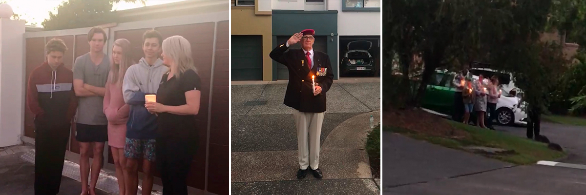 A collage of people holding candles in their driveways for the ANZAC Day At Home Dawn Service