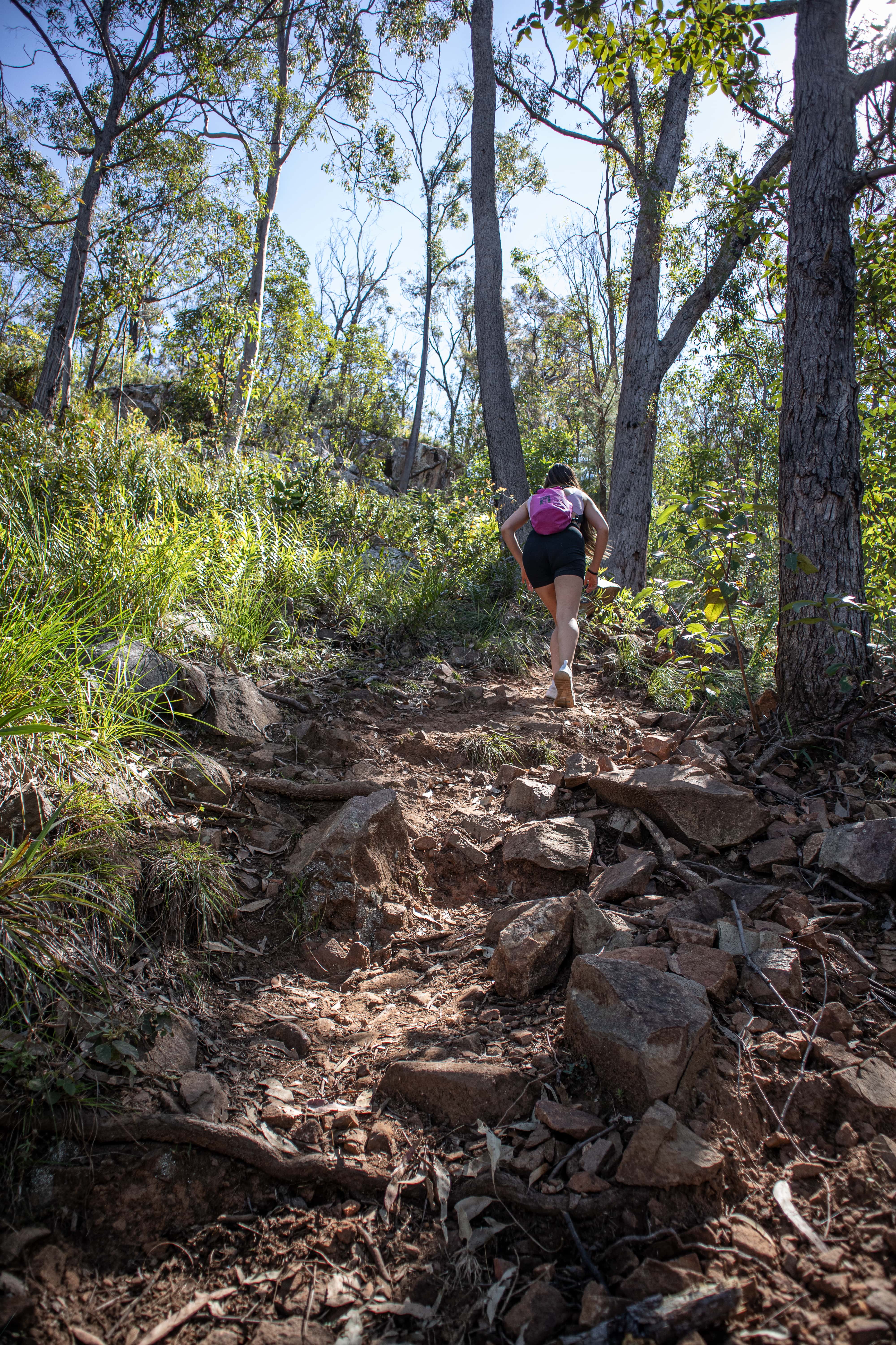 girl walking up a steep incline to get to the peak of mount greville in the scenic rim in queensland australia